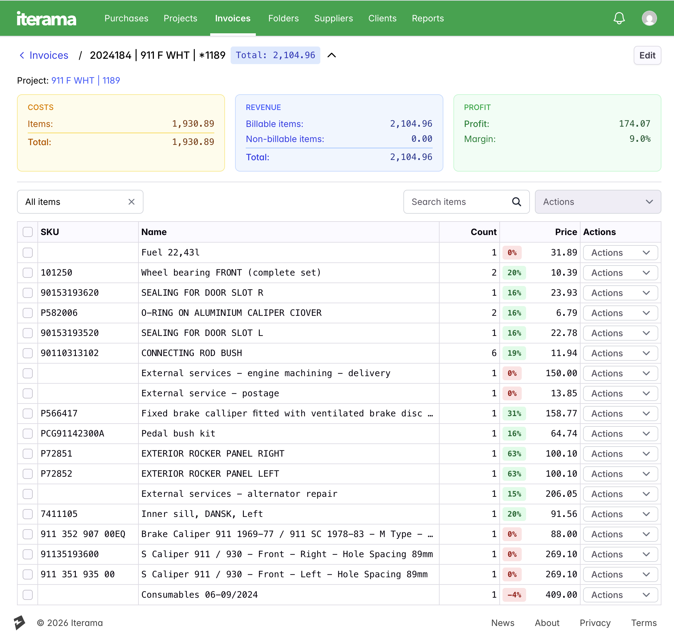 Iterama app — invoice detail with costs, revenue, and profit breakdown
